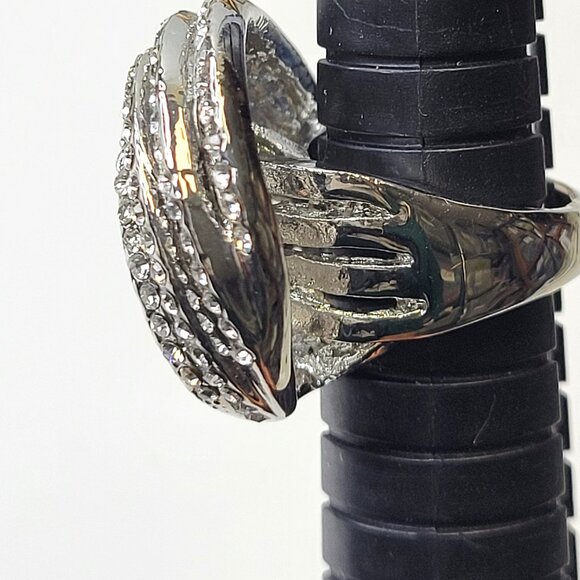 Silver Crystal Rhinestones Ring Wide Criss Cross Over Size 4.75 - Picture 9 of 12